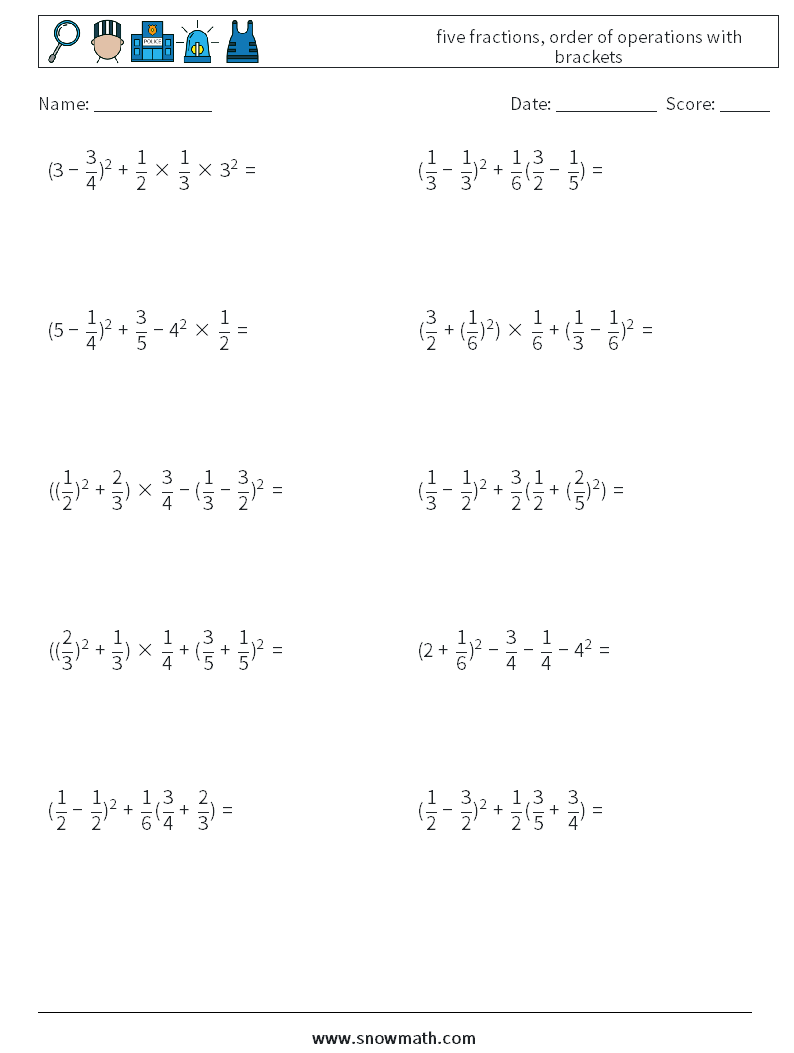 five fractions, order of operations with brackets Math Worksheets 7