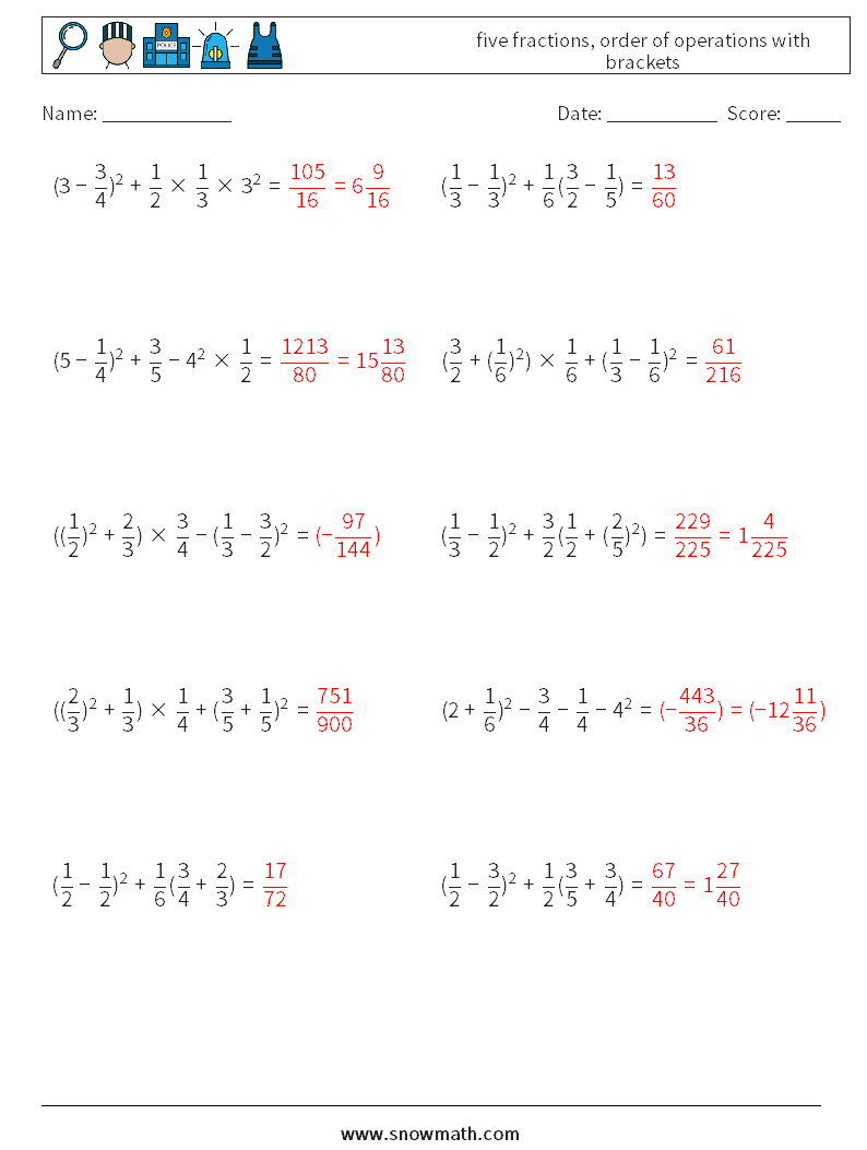 five fractions, order of operations with brackets Math Worksheets 7 Question, Answer