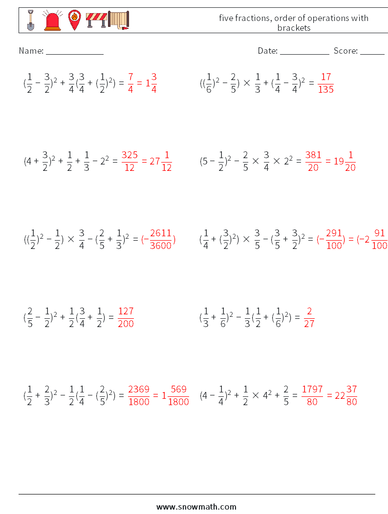 five fractions, order of operations with brackets Math Worksheets 8 Question, Answer