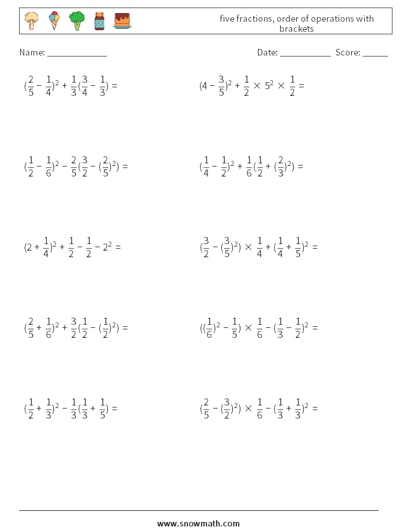 five fractions, order of operations with brackets Math Worksheets 9