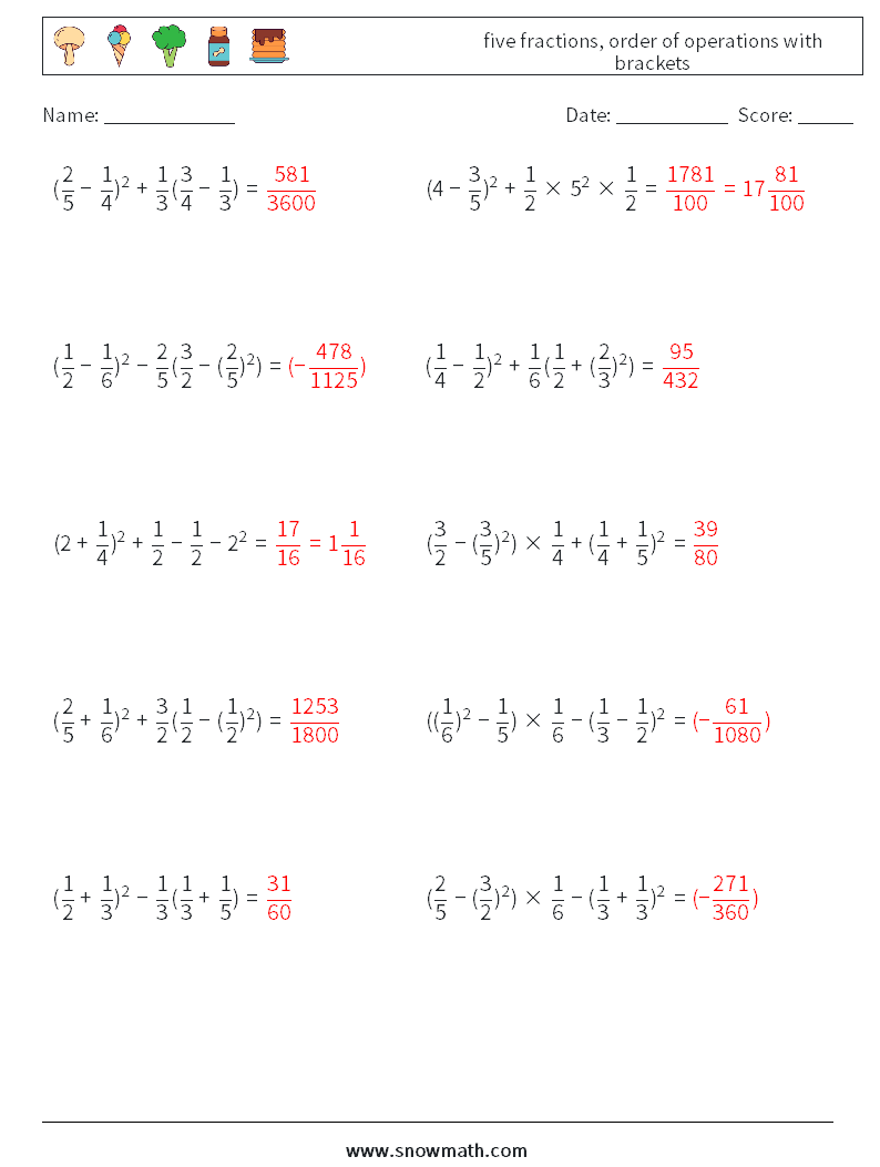 five fractions, order of operations with brackets Math Worksheets 9 Question, Answer