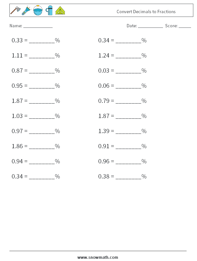 Convert Decimals to Fractions Math Worksheets 1