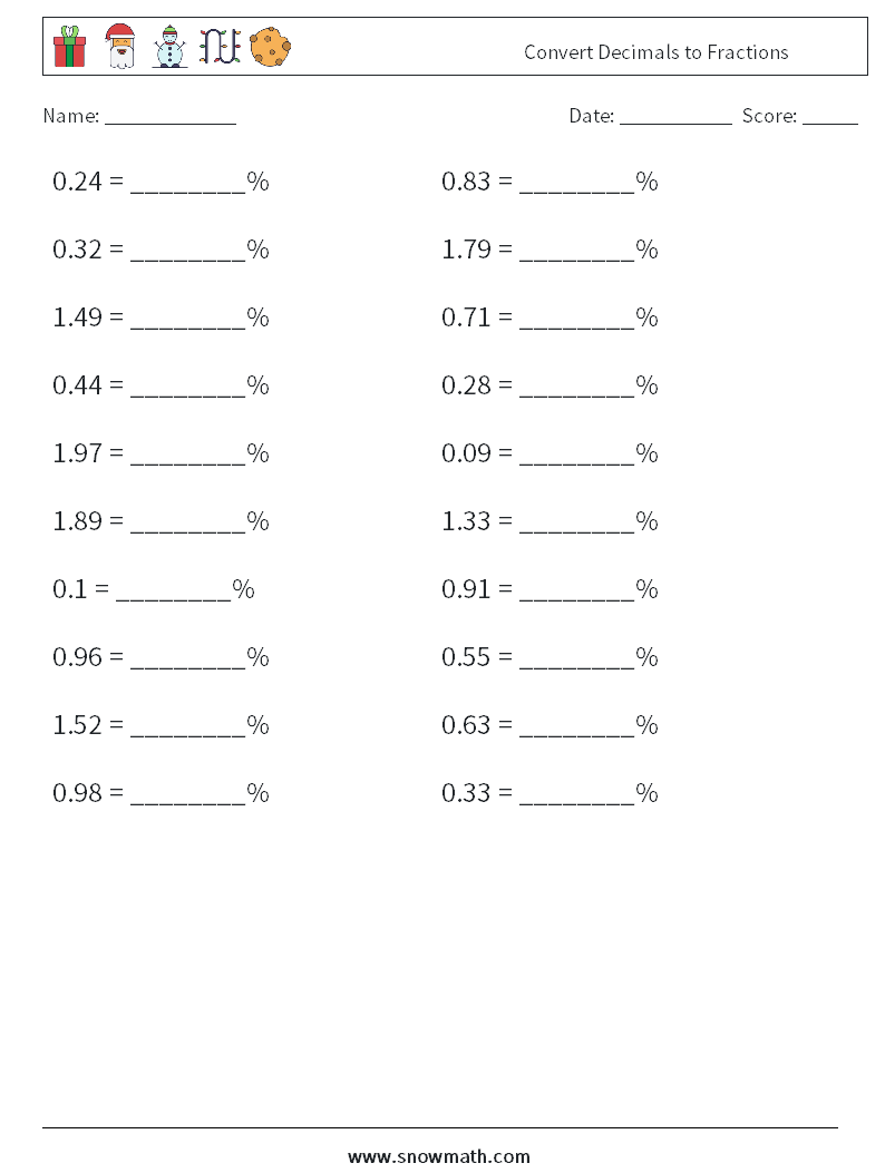 Convert Decimals to Fractions Math Worksheets 2