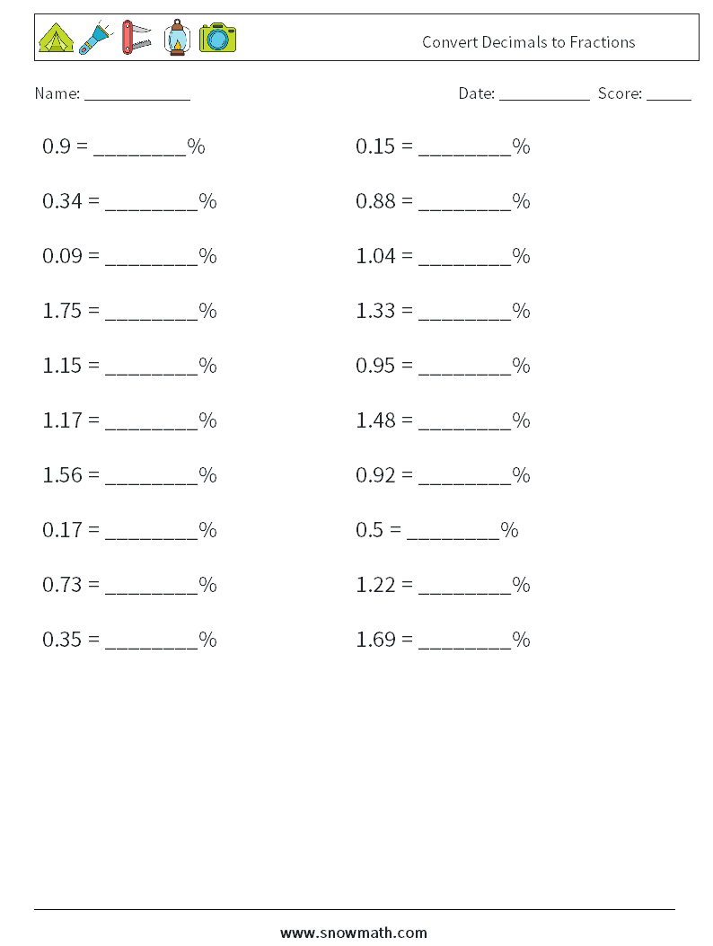 Convert Decimals to Fractions Math Worksheets 3