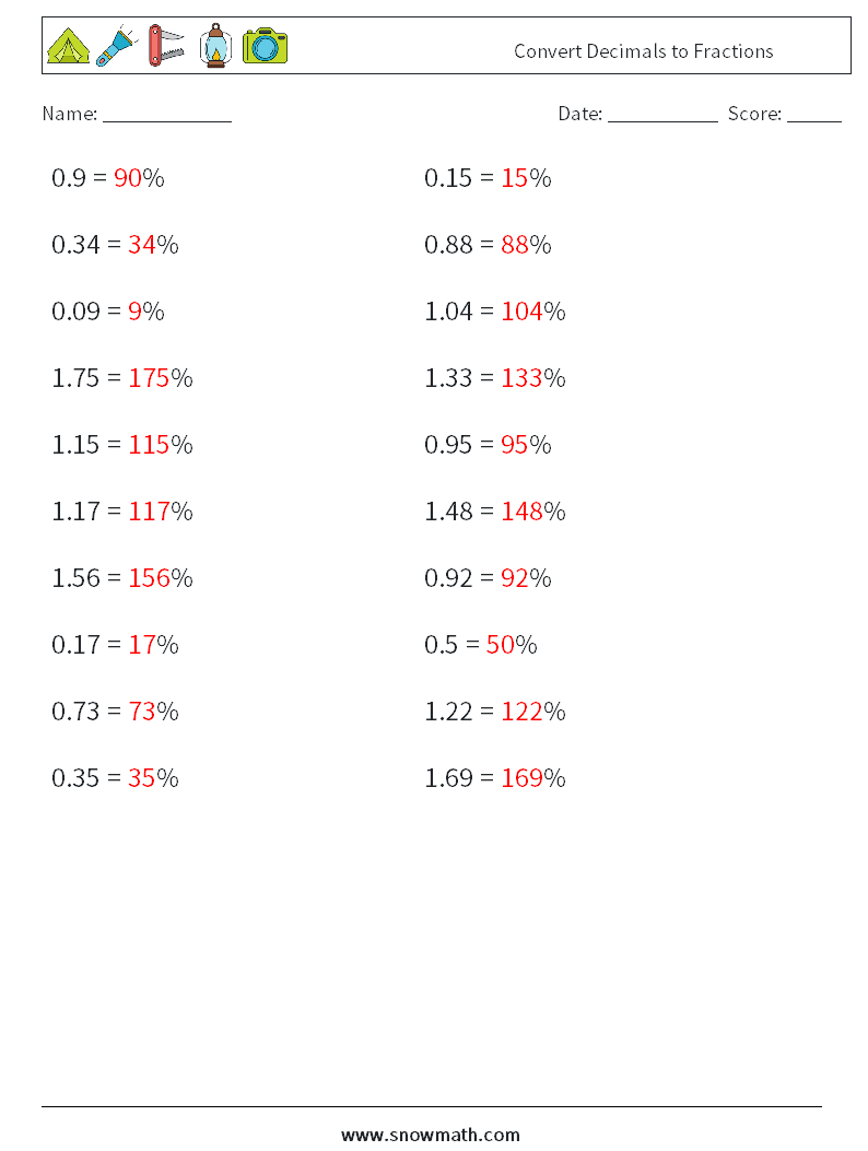 Convert Decimals to Fractions Math Worksheets 3 Question, Answer