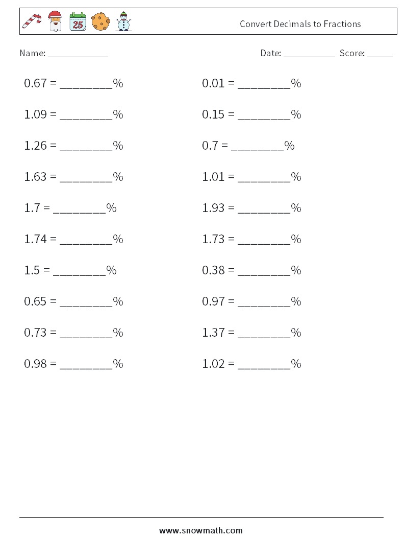 Convert Decimals to Fractions Math Worksheets 4