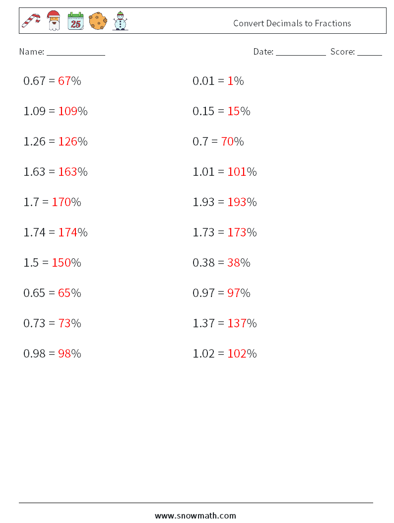 Convert Decimals to Fractions Math Worksheets 4 Question, Answer