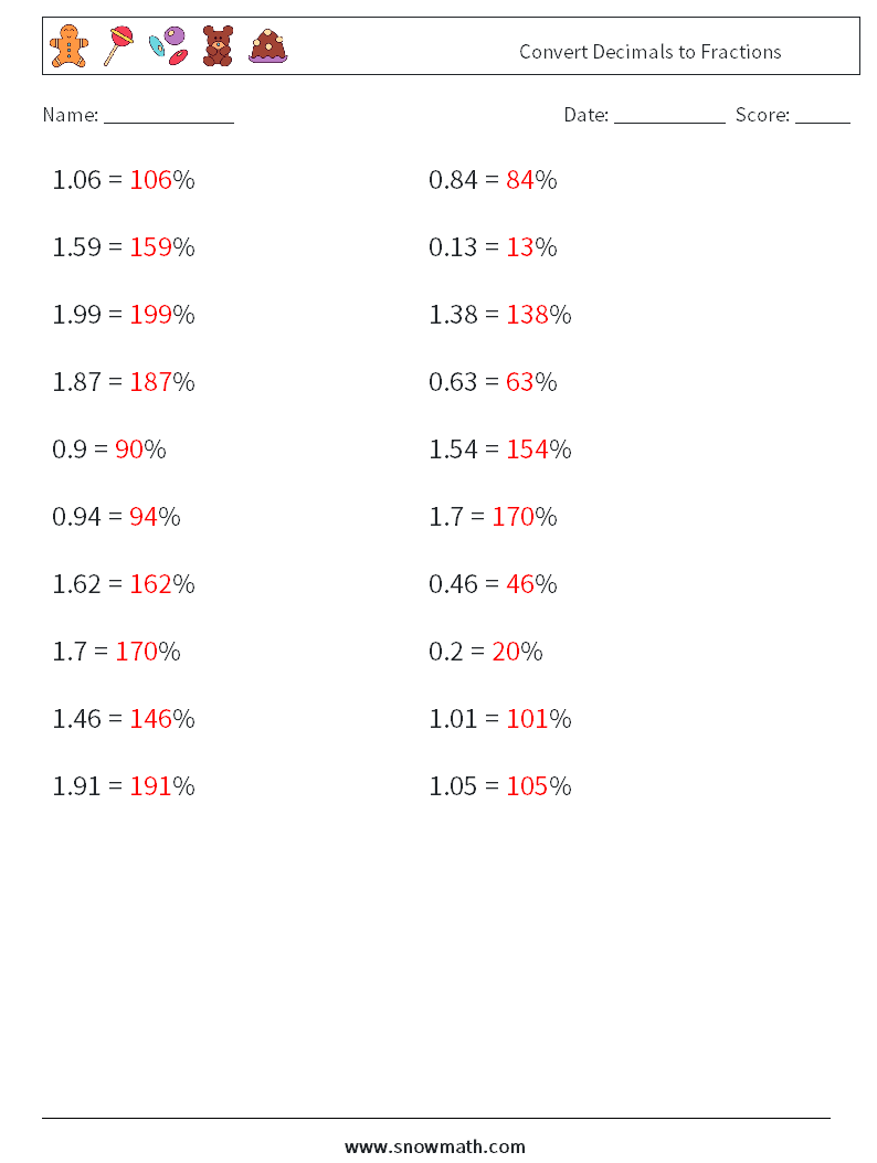 Convert Decimals to Fractions Math Worksheets 6 Question, Answer