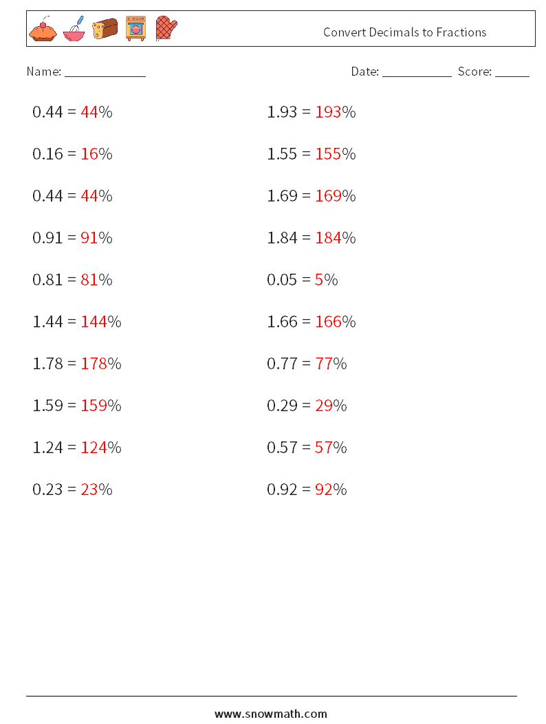 Convert Decimals to Fractions Math Worksheets 7 Question, Answer