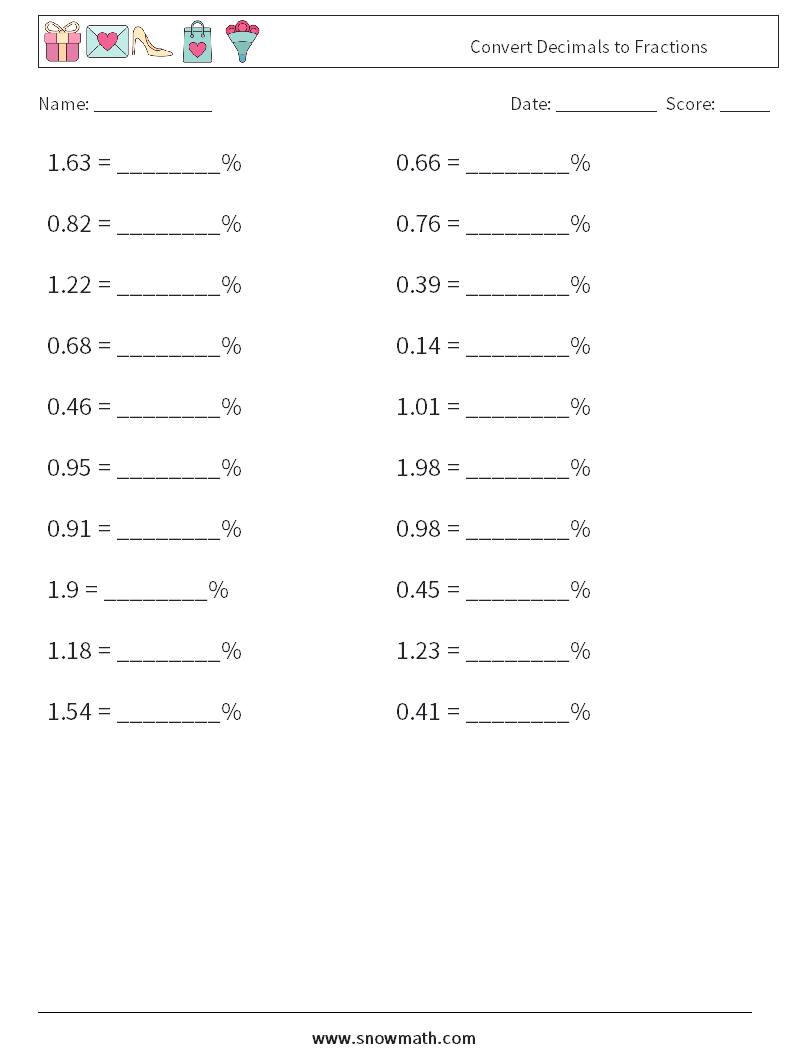 Convert Decimals to Fractions Math Worksheets 8