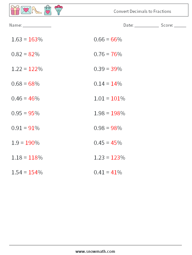 Convert Decimals to Fractions Math Worksheets 8 Question, Answer