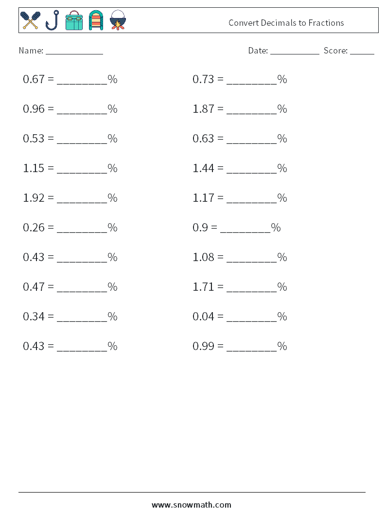 Convert Decimals to Fractions Math Worksheets 9