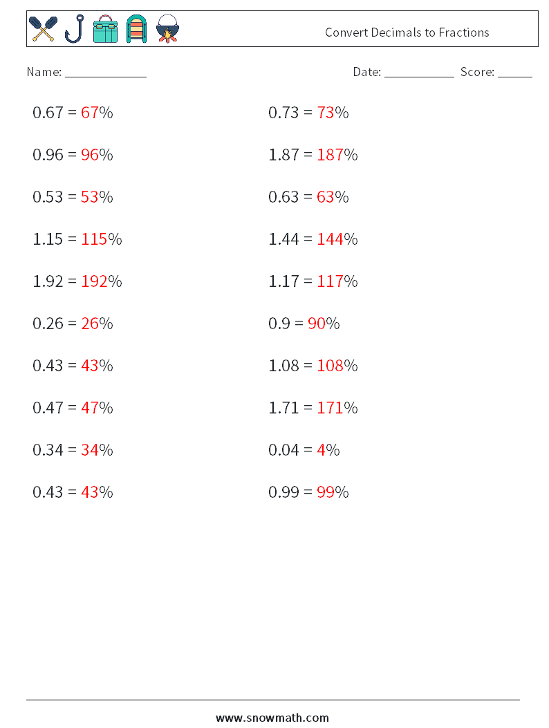 Convert Decimals to Fractions Math Worksheets 9 Question, Answer