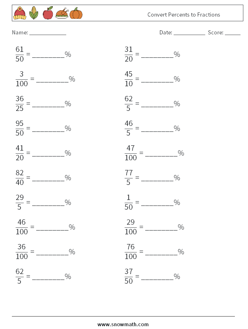 Convert Percents to Fractions  Math Worksheets 1