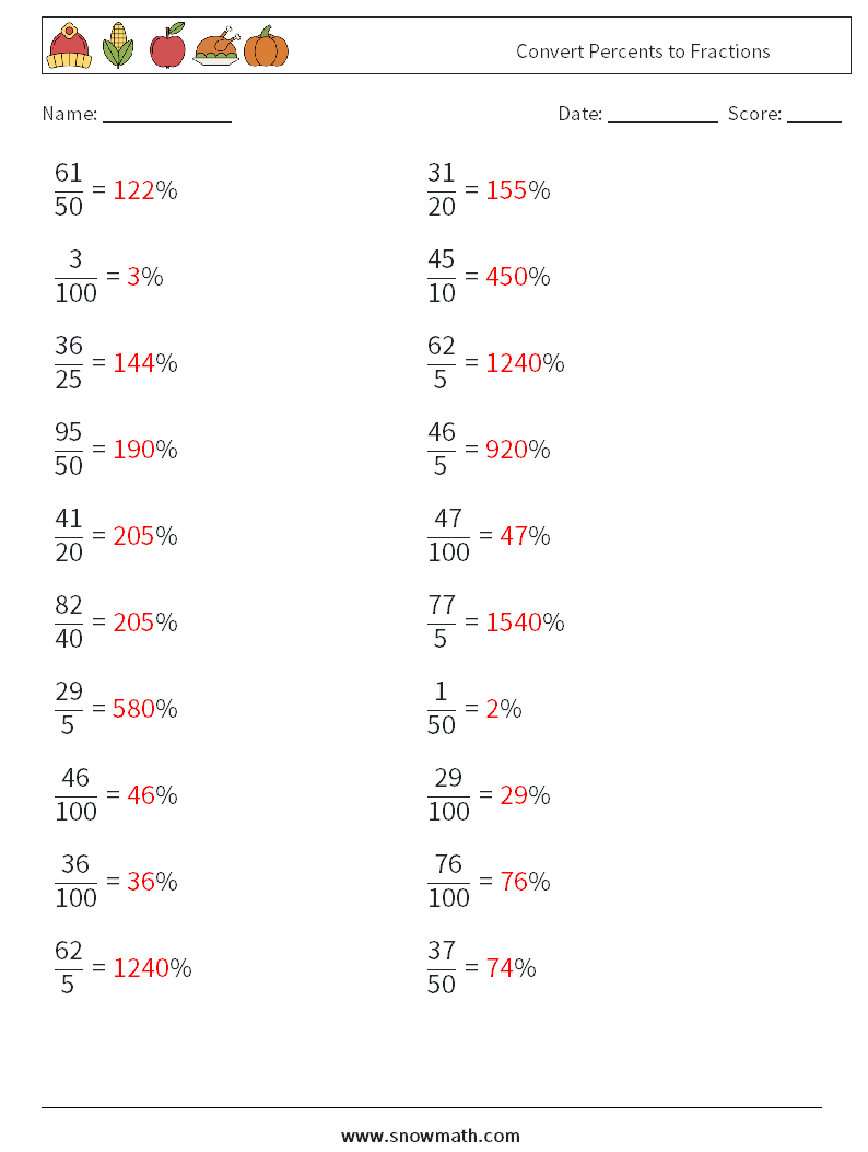 Convert Percents to Fractions  Math Worksheets 1 Question, Answer