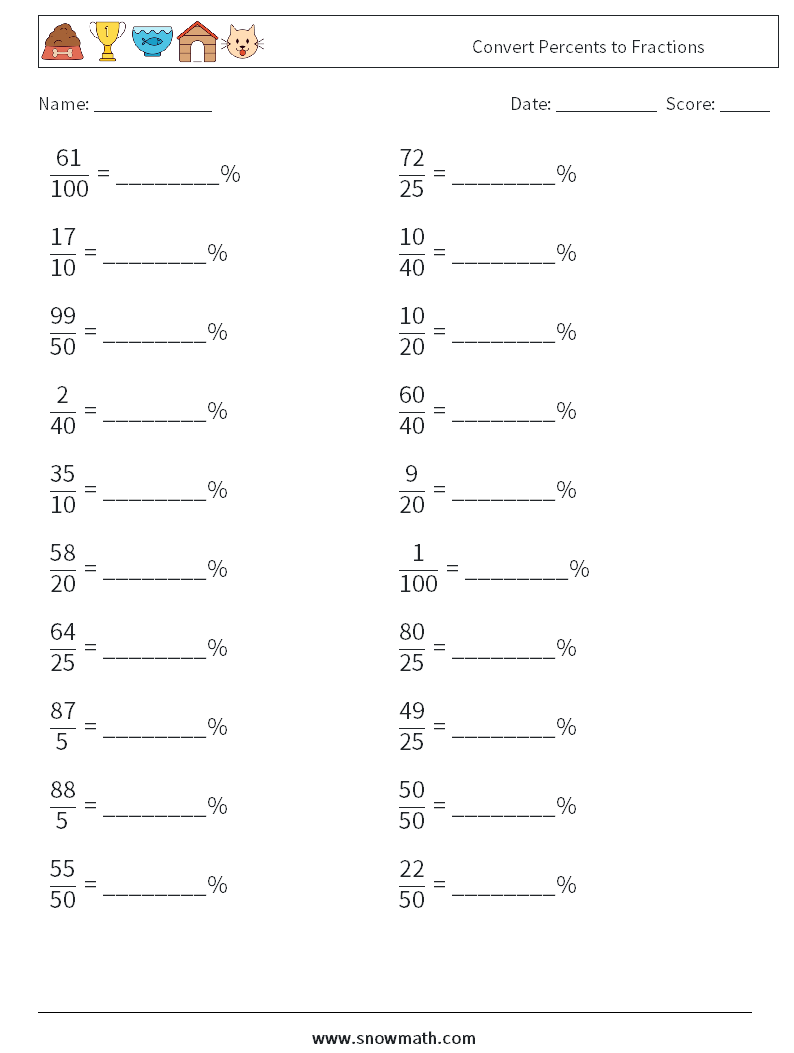 Convert Percents to Fractions  Math Worksheets 2
