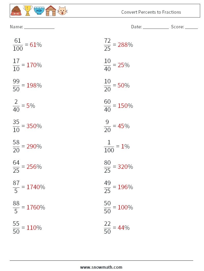 Convert Percents to Fractions  Math Worksheets 2 Question, Answer