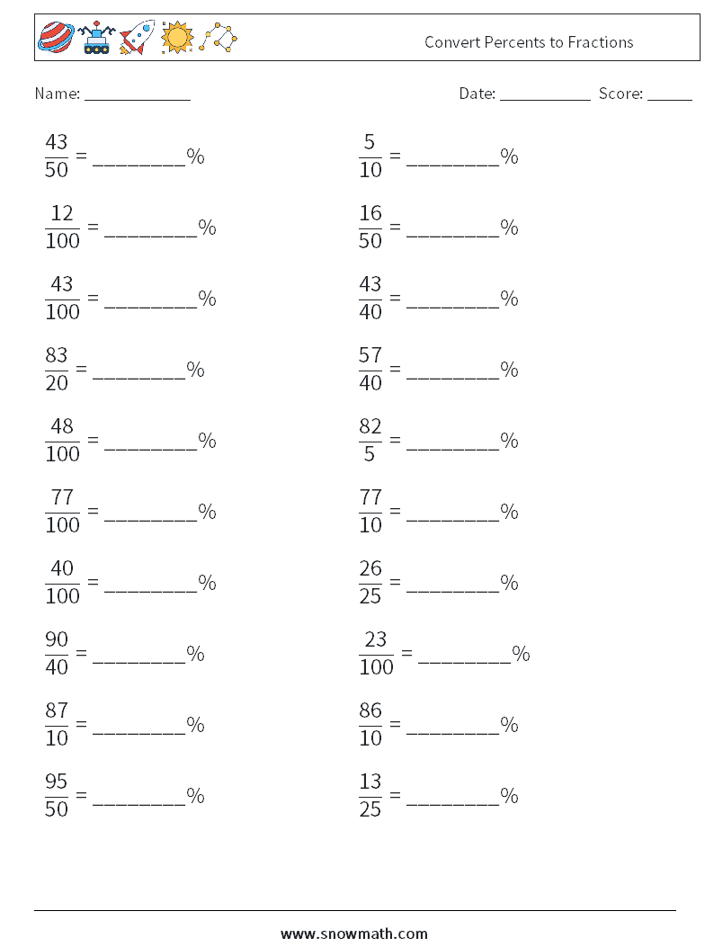 Convert Percents to Fractions  Math Worksheets 3