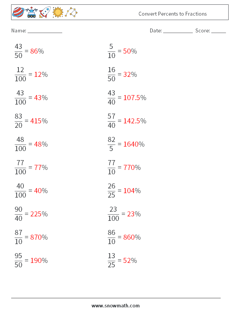 Convert Percents to Fractions  Math Worksheets 3 Question, Answer