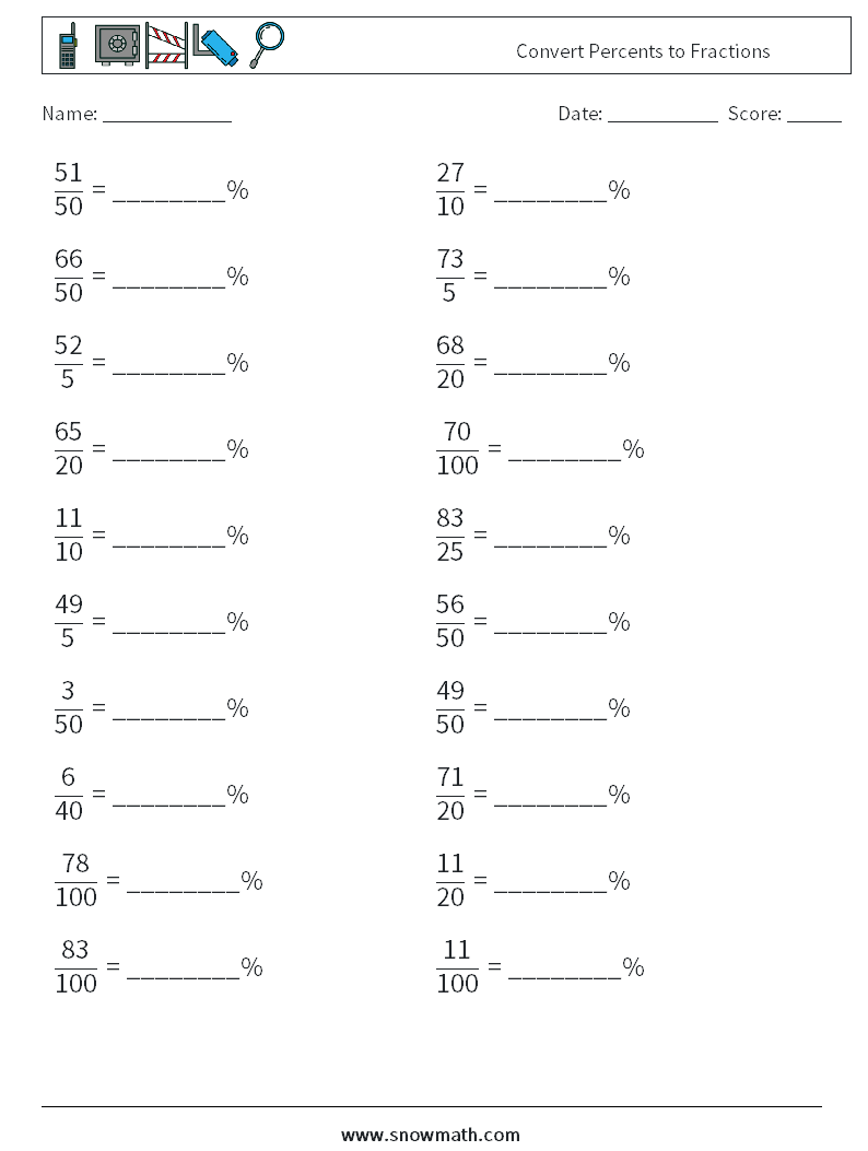 Convert Percents to Fractions  Math Worksheets 4