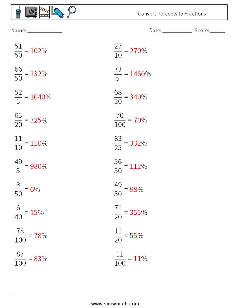 Convert Percents to Fractions  Math Worksheets 4 Question, Answer