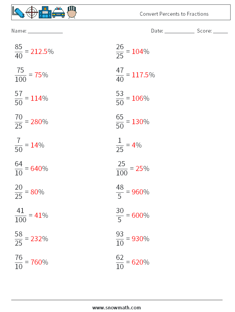 Convert Percents to Fractions  Math Worksheets 5 Question, Answer