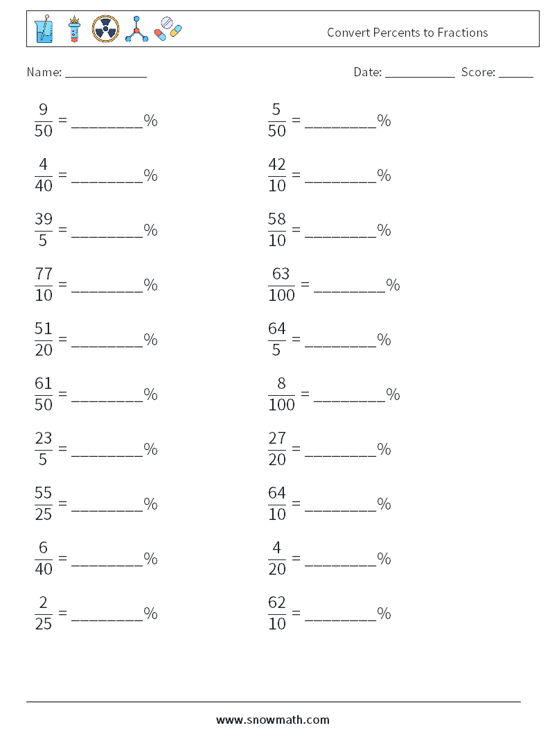Convert Percents to Fractions  Math Worksheets 6