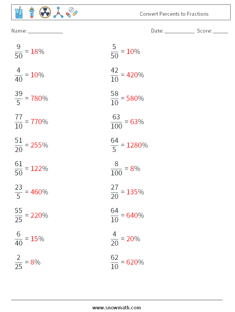 Convert Percents to Fractions  Math Worksheets 6 Question, Answer