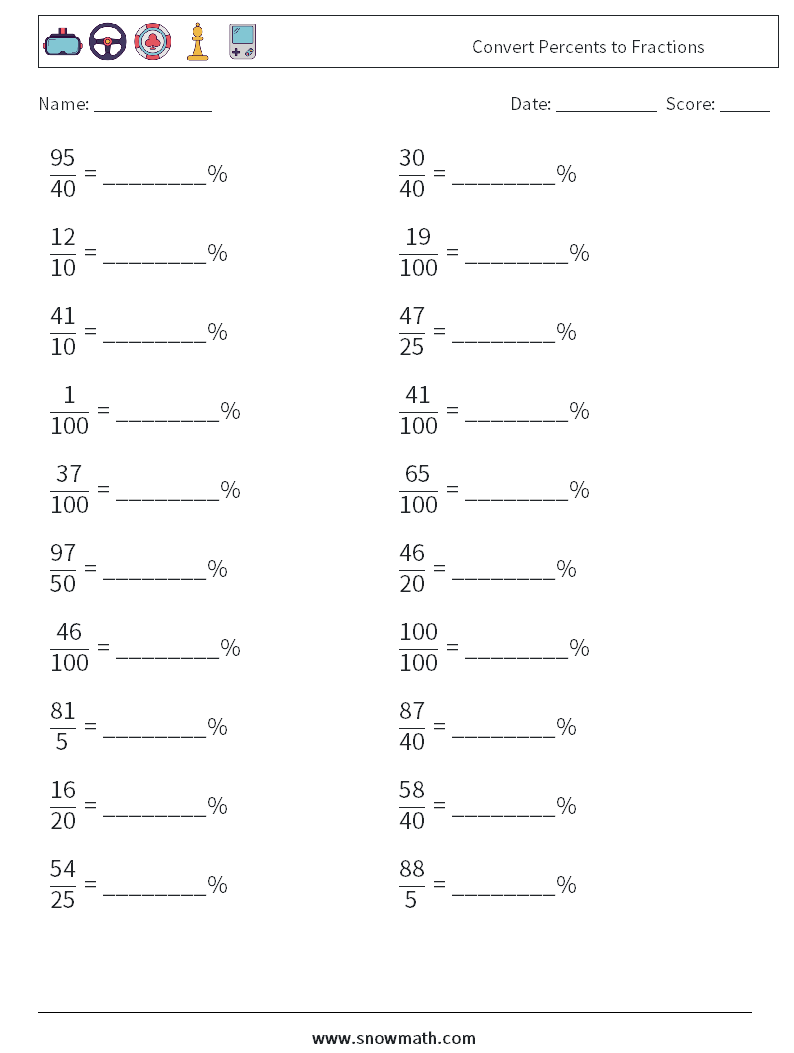 Convert Percents to Fractions  Math Worksheets 8