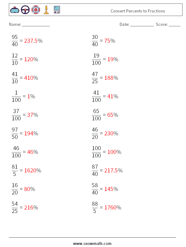 Convert Percents to Fractions  Math Worksheets 8 Question, Answer