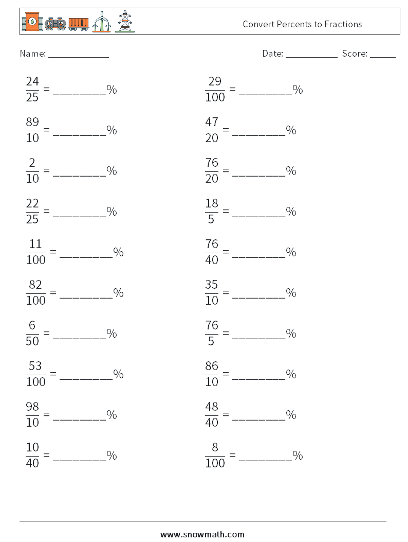 Convert Percents to Fractions  Math Worksheets 9