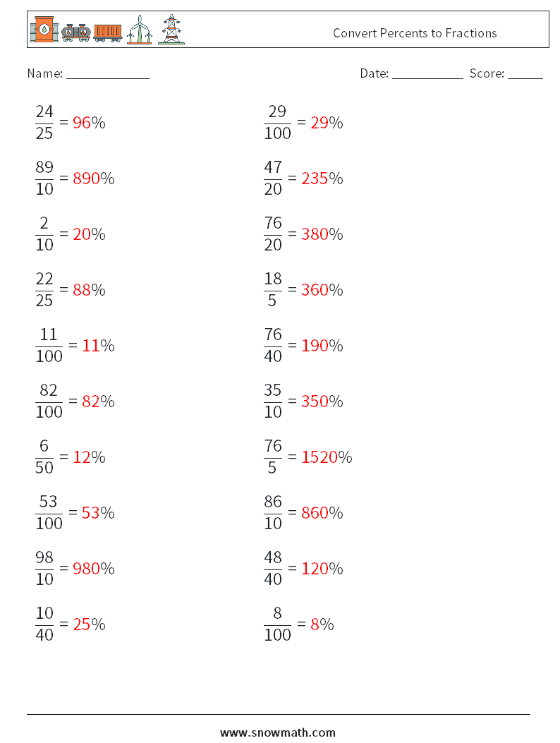 Convert Percents to Fractions  Math Worksheets 9 Question, Answer