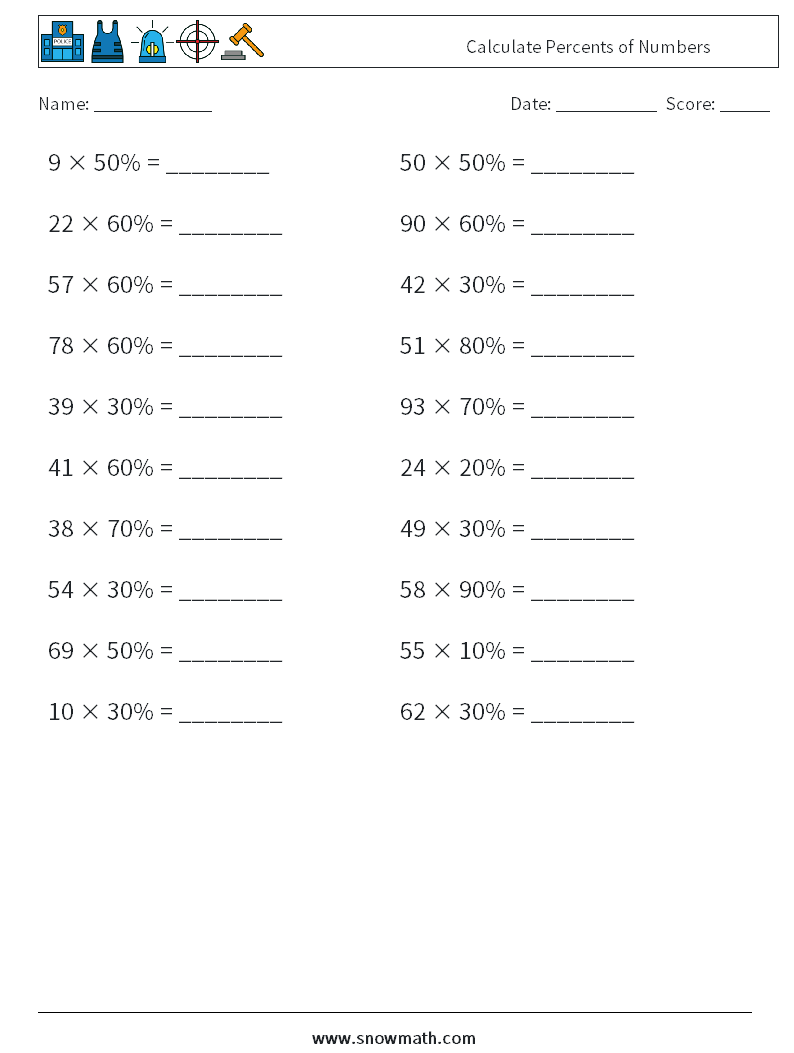 Calculate Percents of Numbers Math Worksheets 2