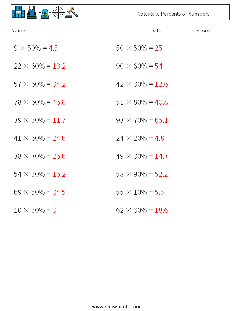 Calculate Percents of Numbers Math Worksheets 2 Question, Answer