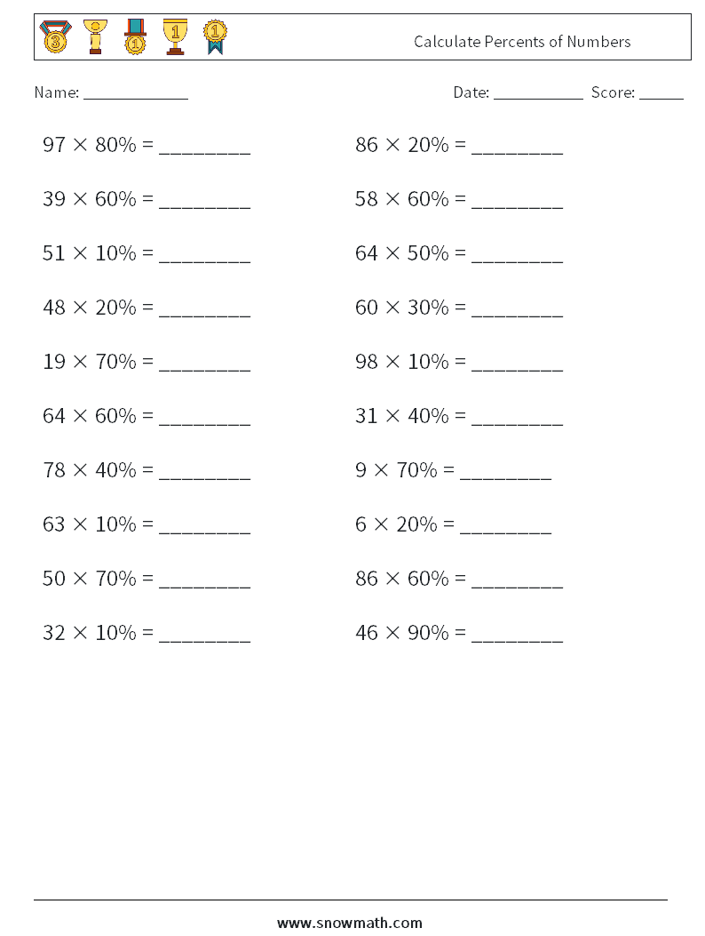 Calculate Percents of Numbers Math Worksheets 3