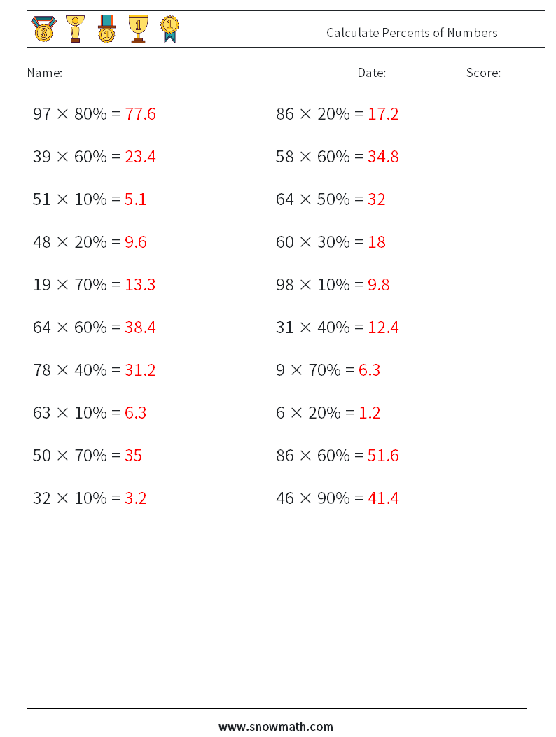 Calculate Percents of Numbers Math Worksheets 3 Question, Answer