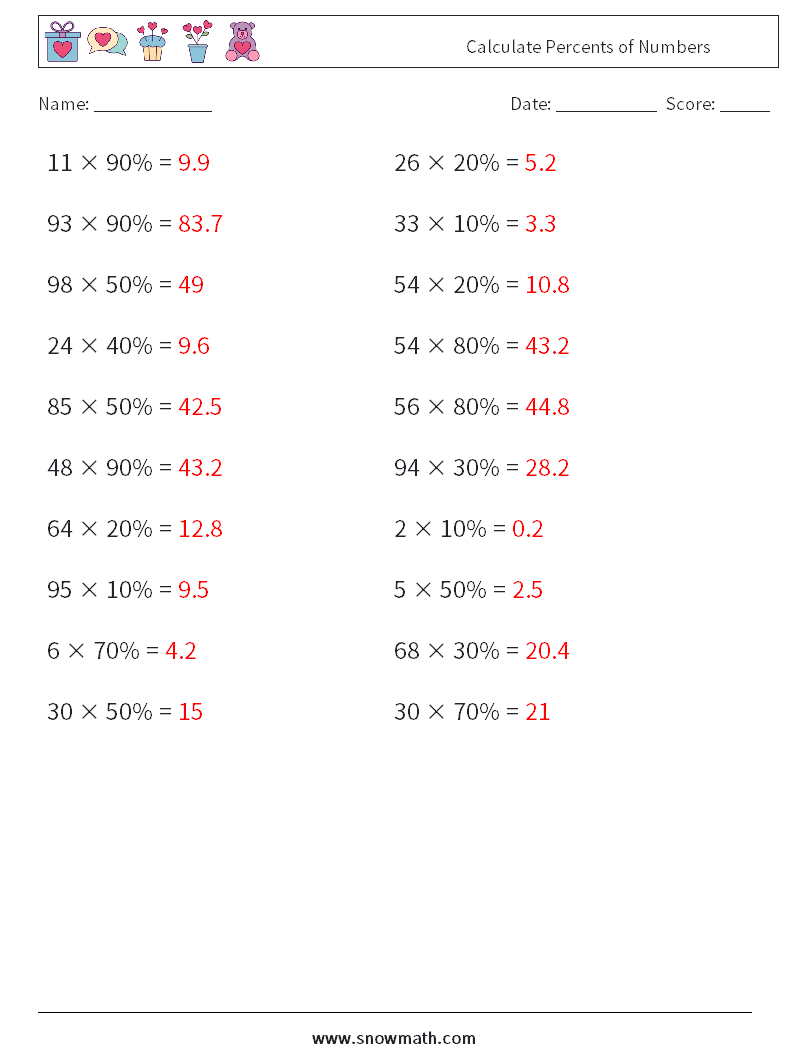 Calculate Percents of Numbers Math Worksheets 5 Question, Answer