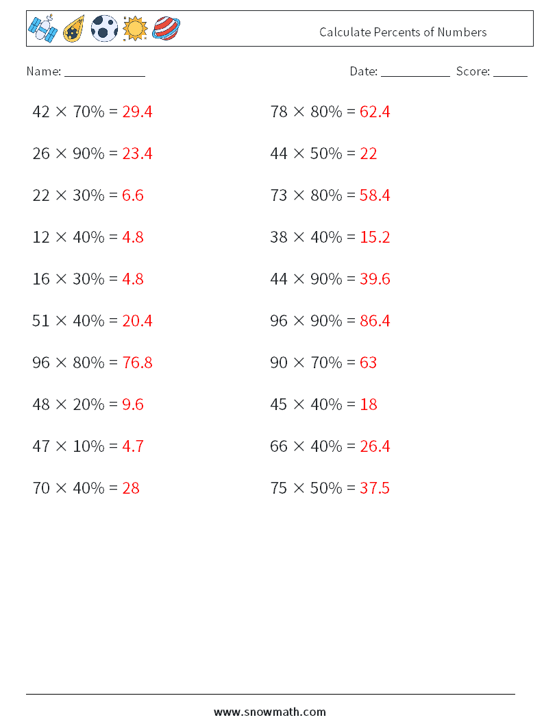 Calculate Percents of Numbers Math Worksheets 6 Question, Answer