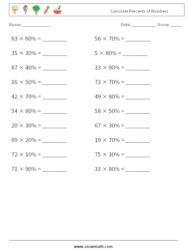 Calculate Percents of Numbers Math Worksheets 7