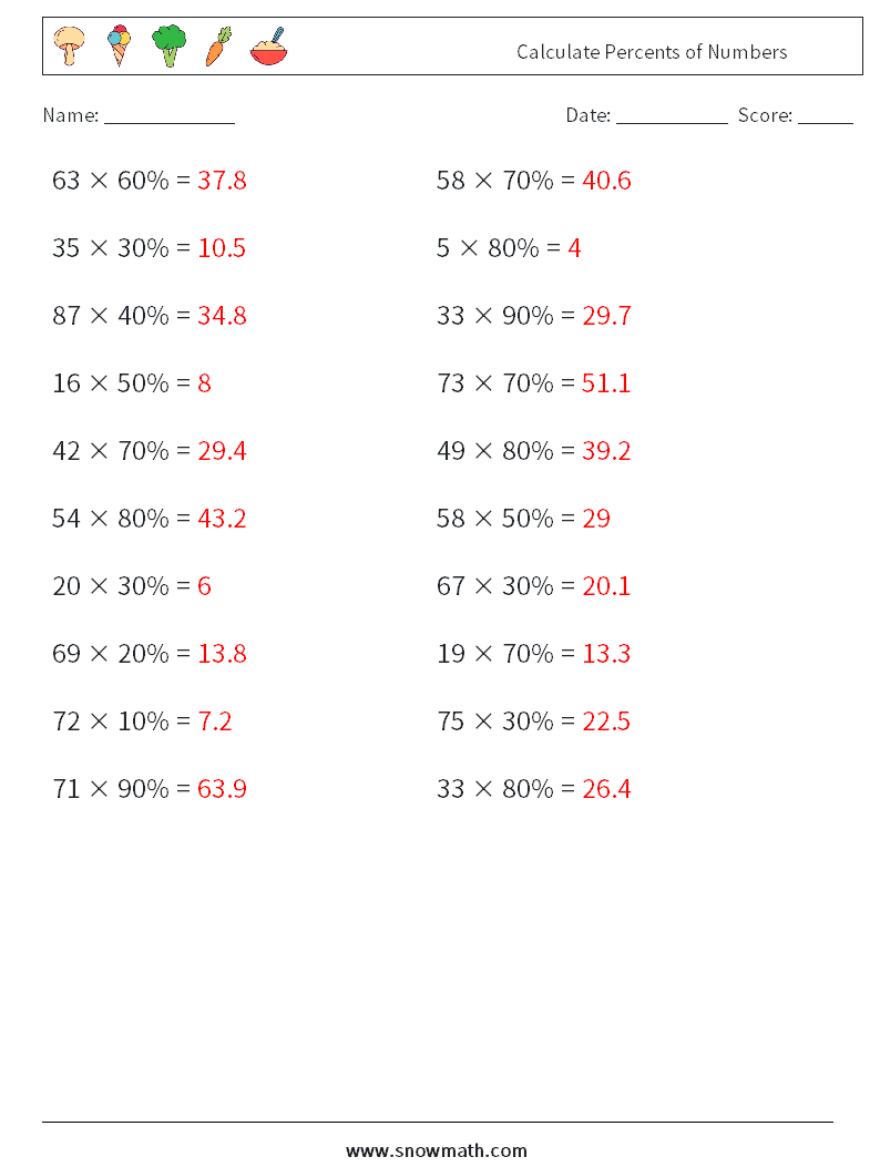 Calculate Percents of Numbers Math Worksheets 7 Question, Answer