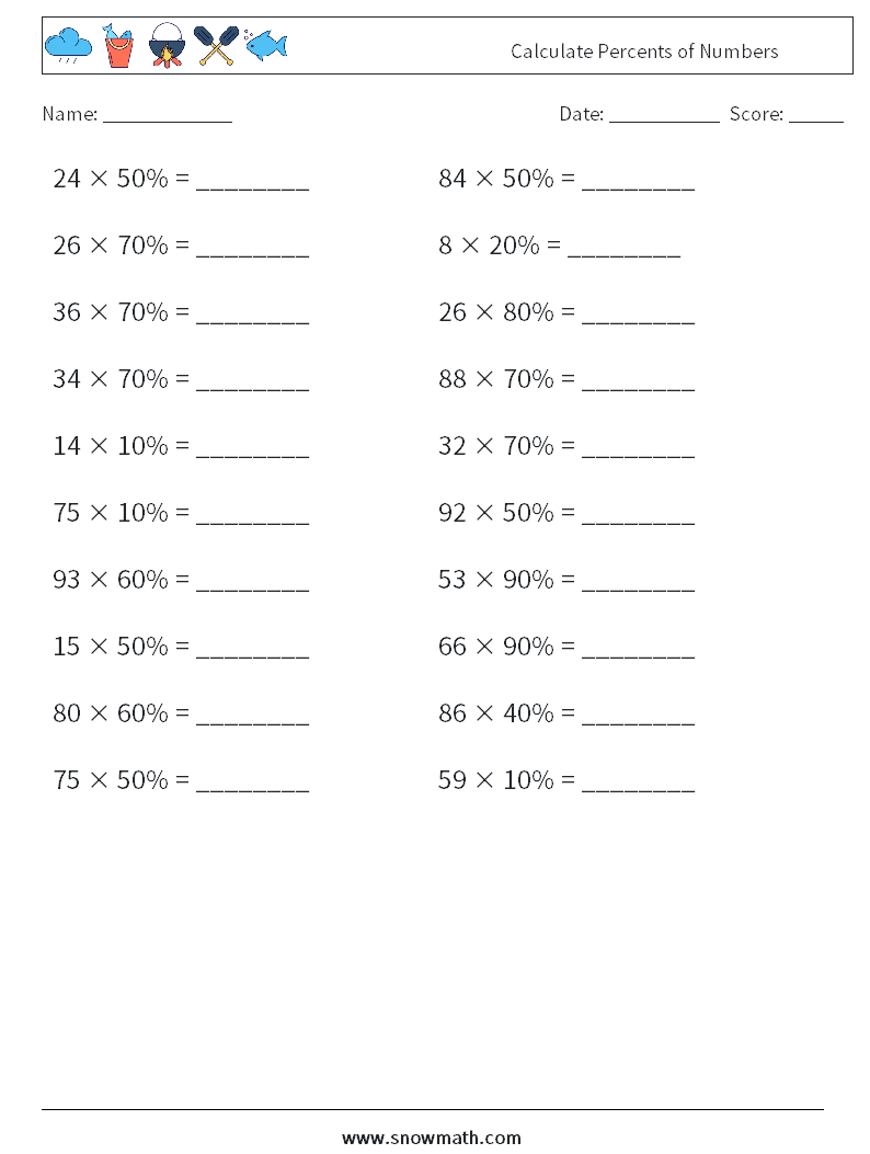 Calculate Percents of Numbers Math Worksheets 8