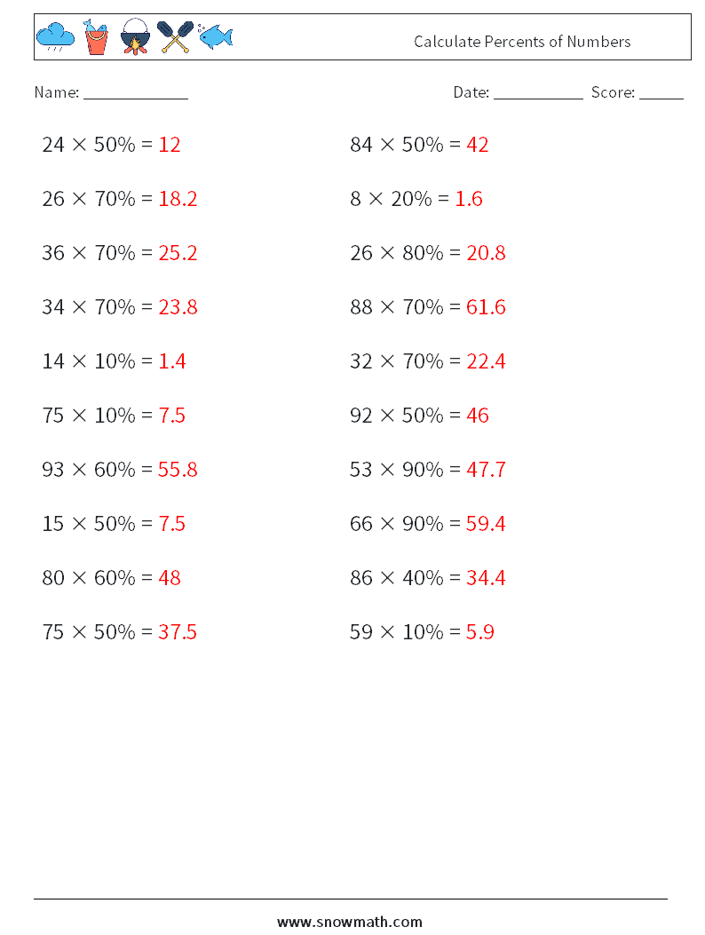 Calculate Percents of Numbers Math Worksheets 8 Question, Answer