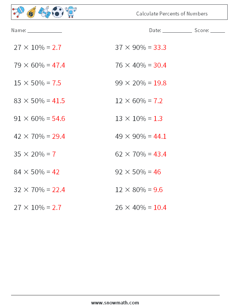 Calculate Percents of Numbers Math Worksheets 9 Question, Answer