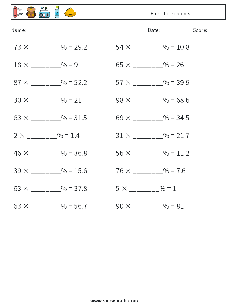 Find the Percents Math Worksheets 3