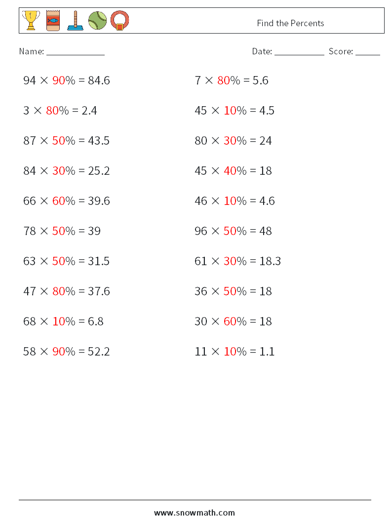 Find the Percents Math Worksheets 4 Question, Answer