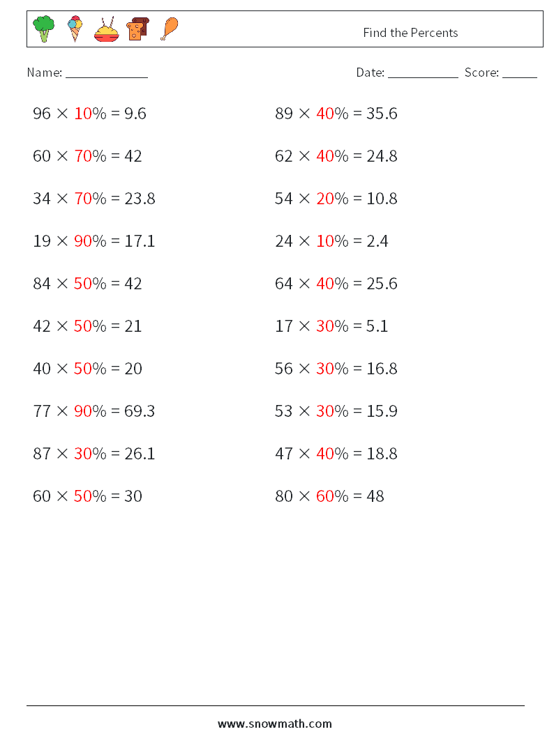 Find the Percents Math Worksheets 5 Question, Answer