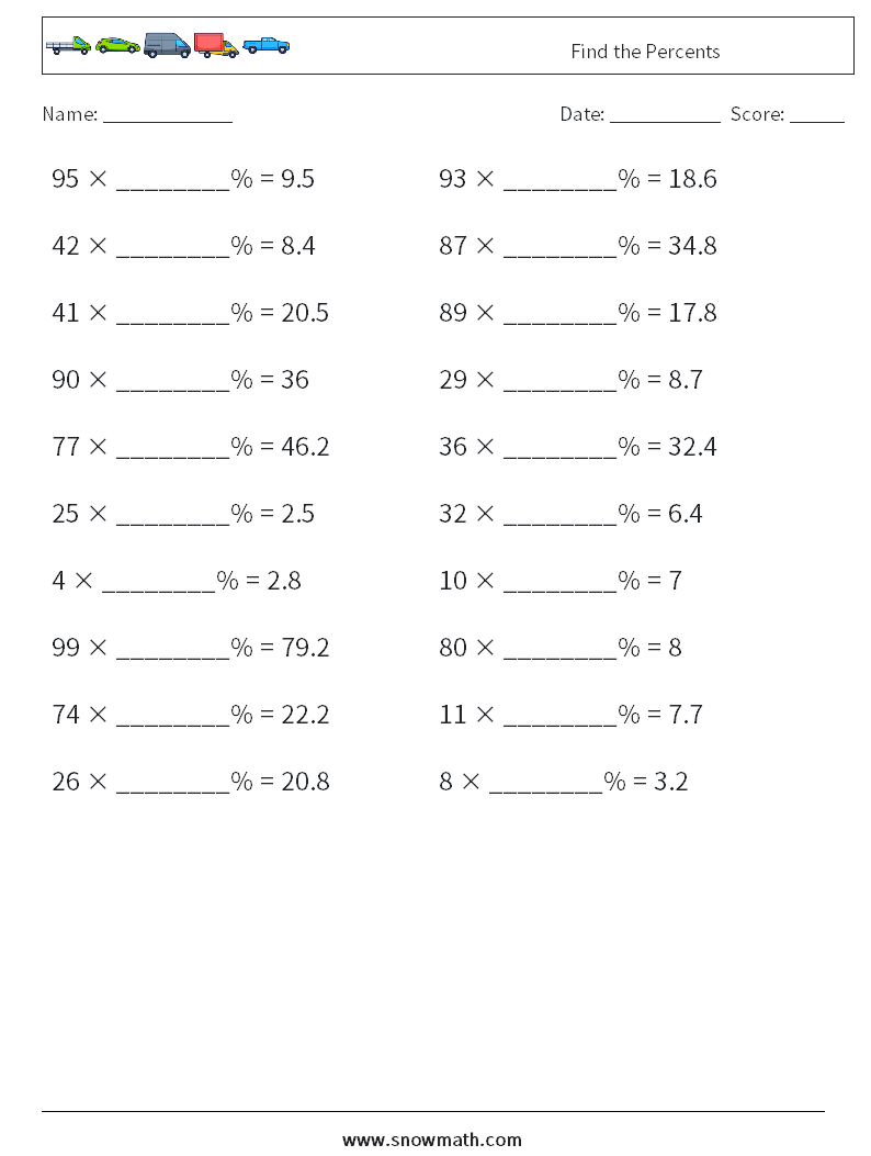 Find the Percents Math Worksheets 8
