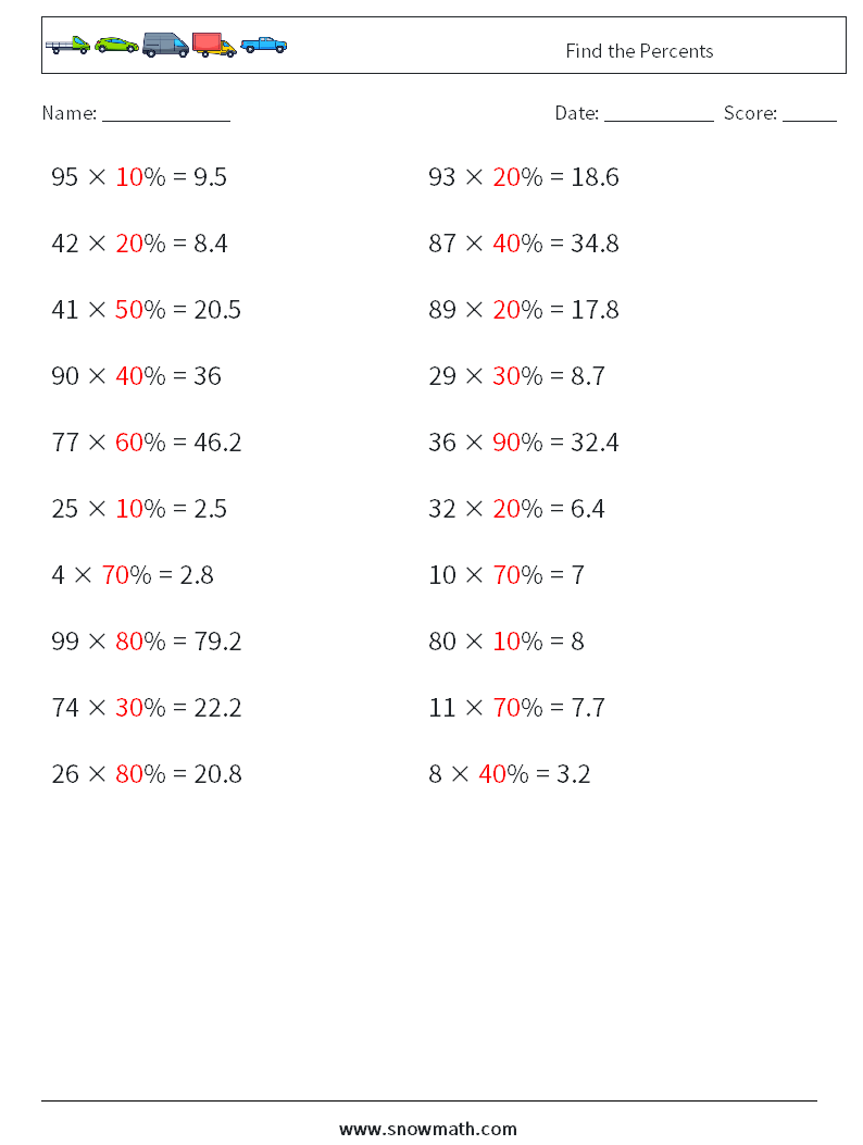 Find the Percents Math Worksheets 8 Question, Answer