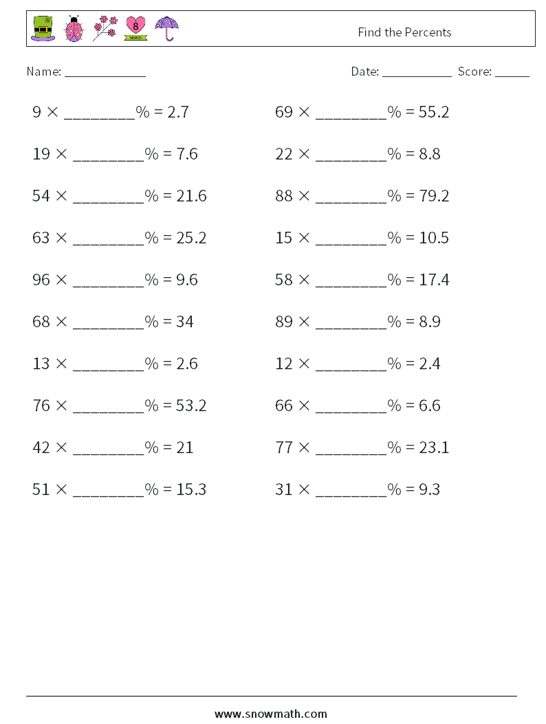 Find the Percents Math Worksheets 9