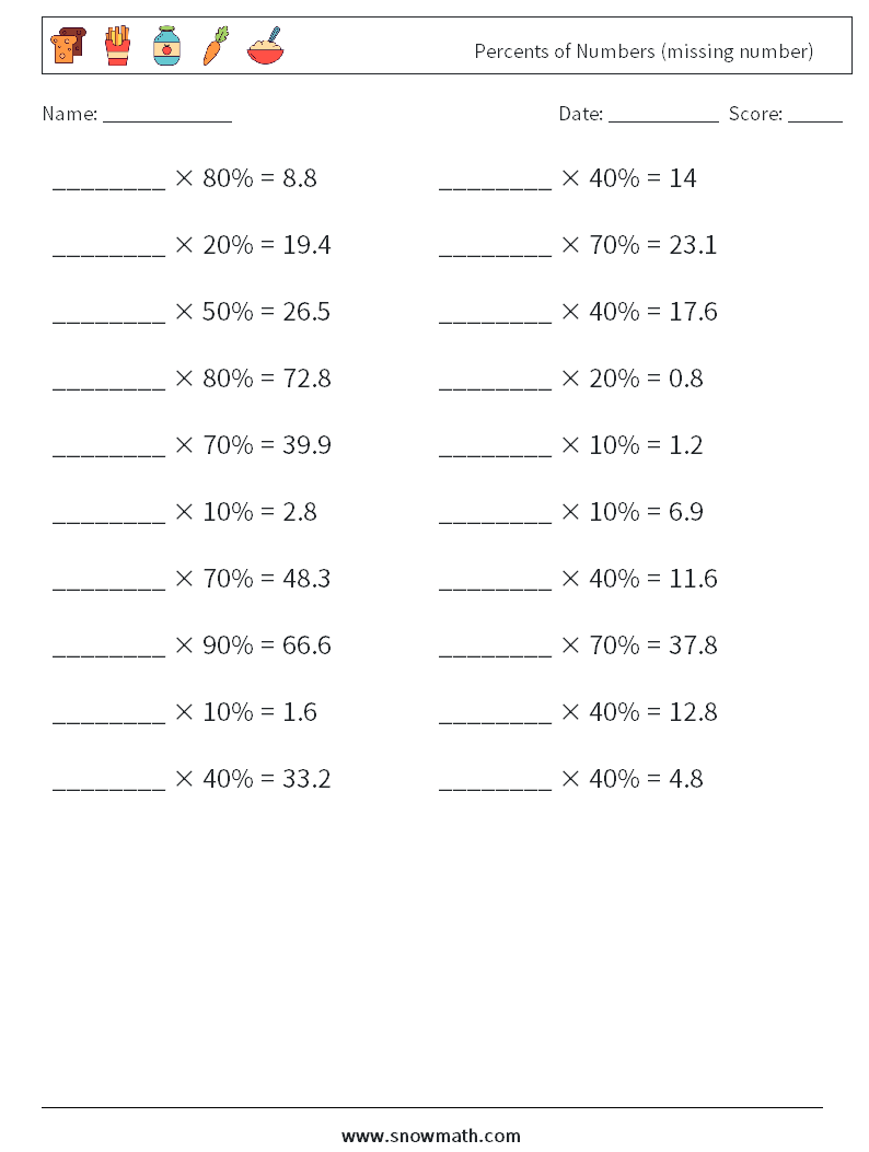 Percents of Numbers (missing number) Math Worksheets 1